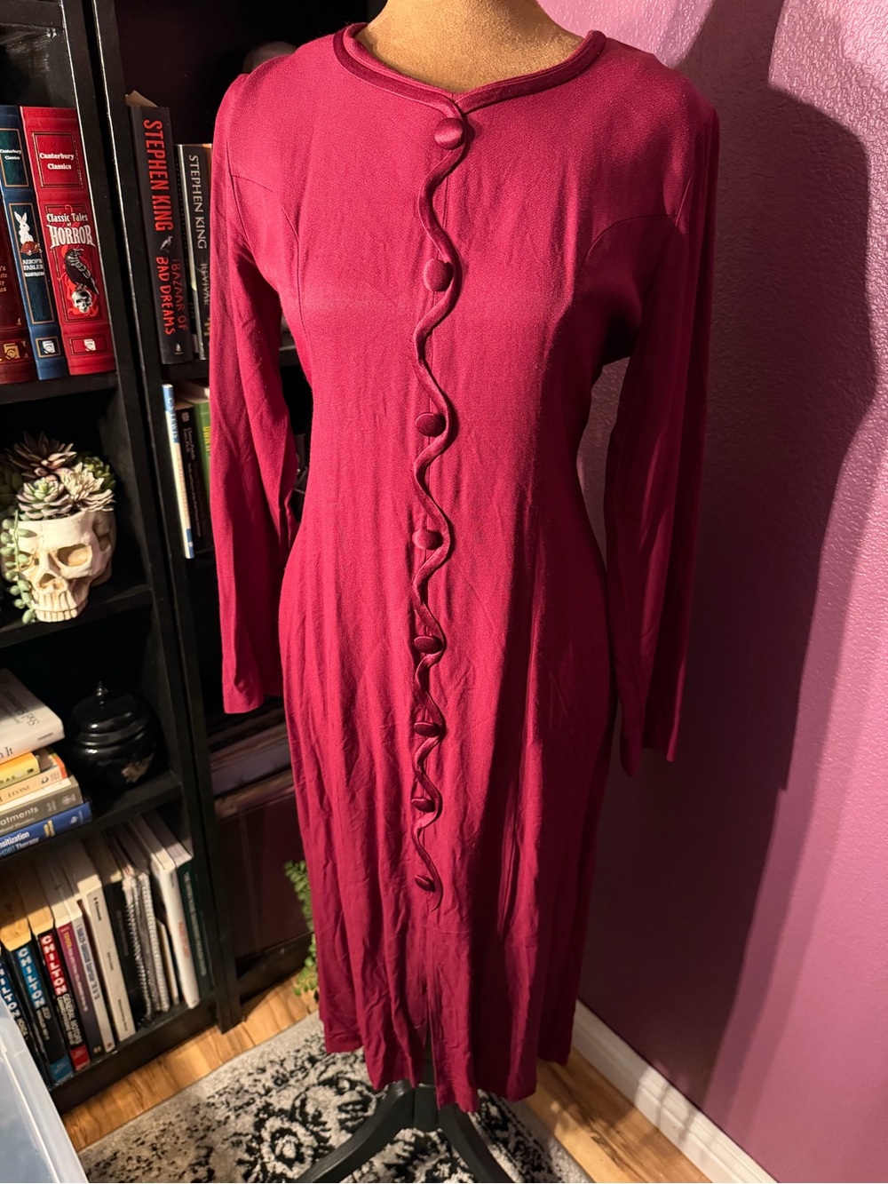 Vintage late 80s Incite Long Sleeve Button-Front midi Dress in Deep cranberry